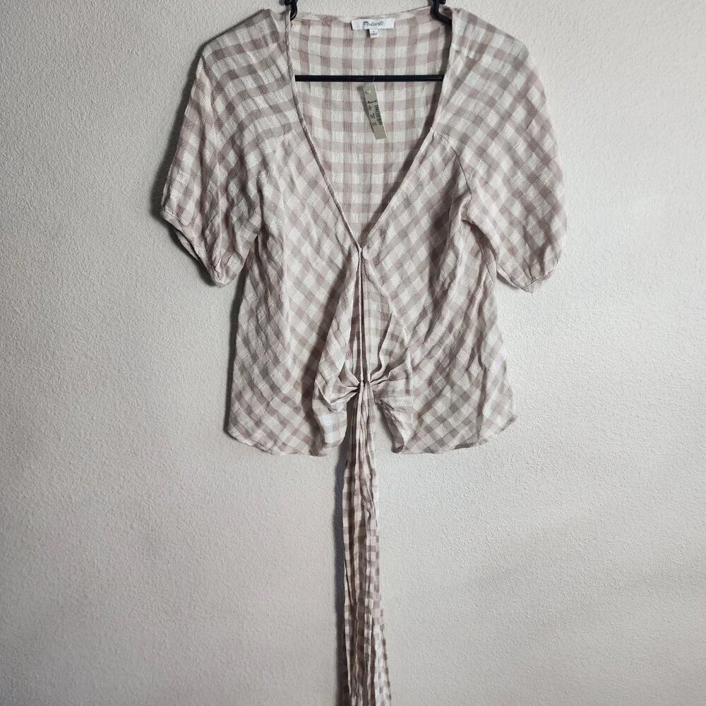 Madewell Blouse Womens Small Beige White Gingham Tie Front Wrap Short Sleeve